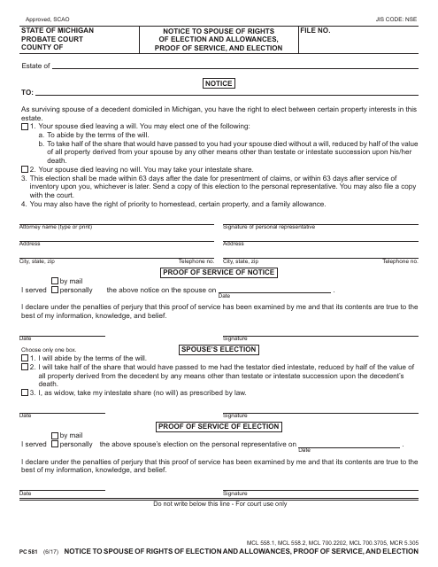 Form PC581 Notice to Spouse of Rights of Election and Allowances, Proof of Service, and Election - Michigan