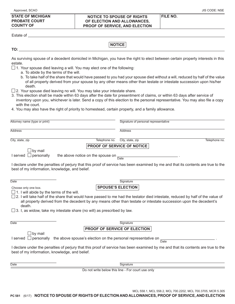 Form PC581 Notice to Spouse of Rights of Election and Allowances, Proof of Service, and Election - Michigan, Page 1