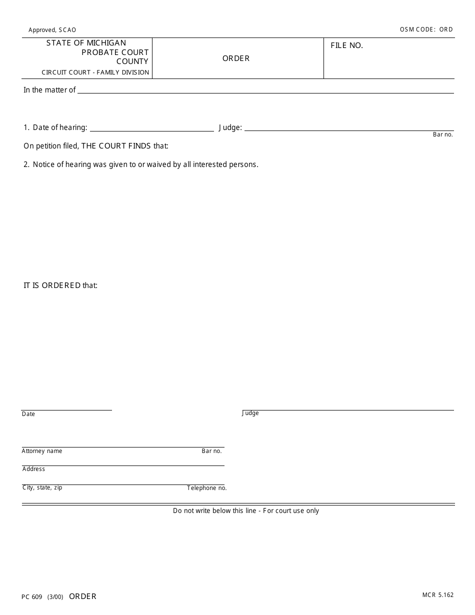Form PC609 Order (General) - Michigan, Page 1