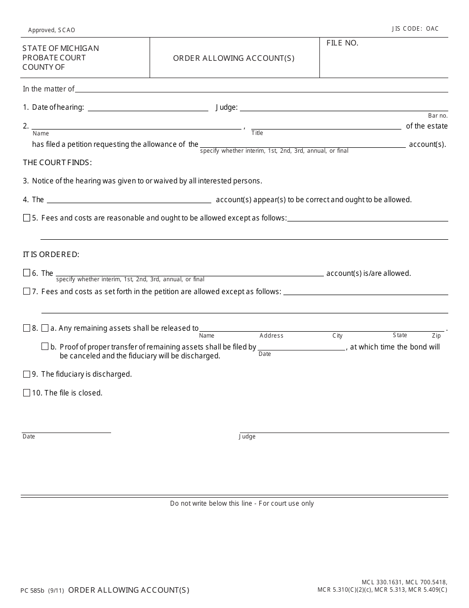 Form PC585B Order Allowing Account(S) - Michigan, Page 1