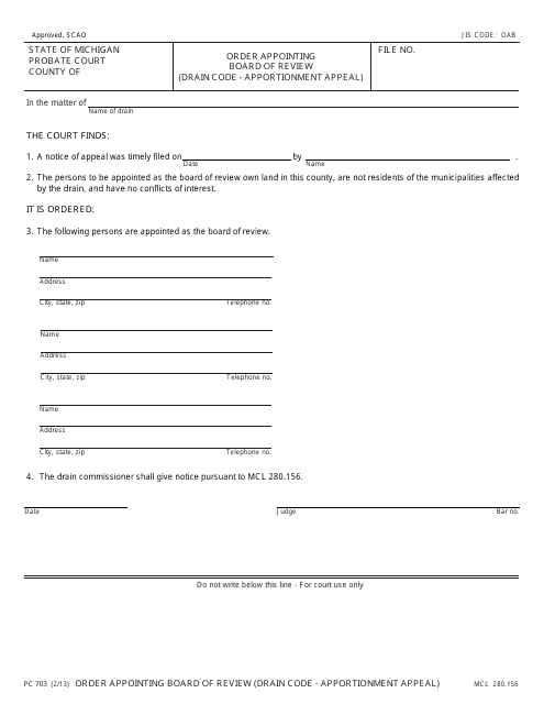 Form PC703 Order Appointing Board of Review (Drain Code - Apportionment Appeal) - Michigan