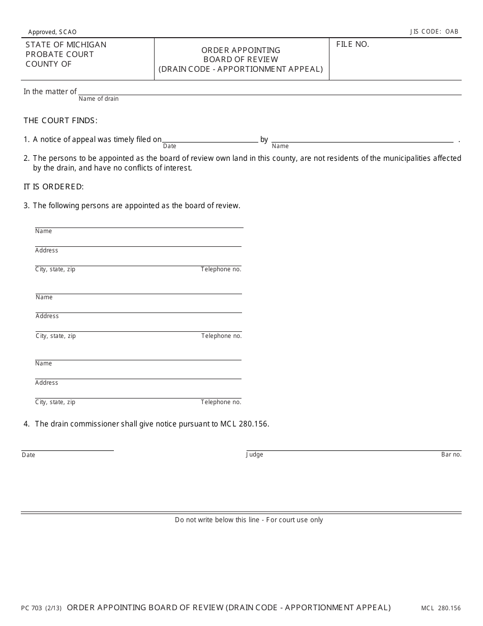 Form PC703 Order Appointing Board of Review (Drain Code - Apportionment Appeal) - Michigan, Page 1