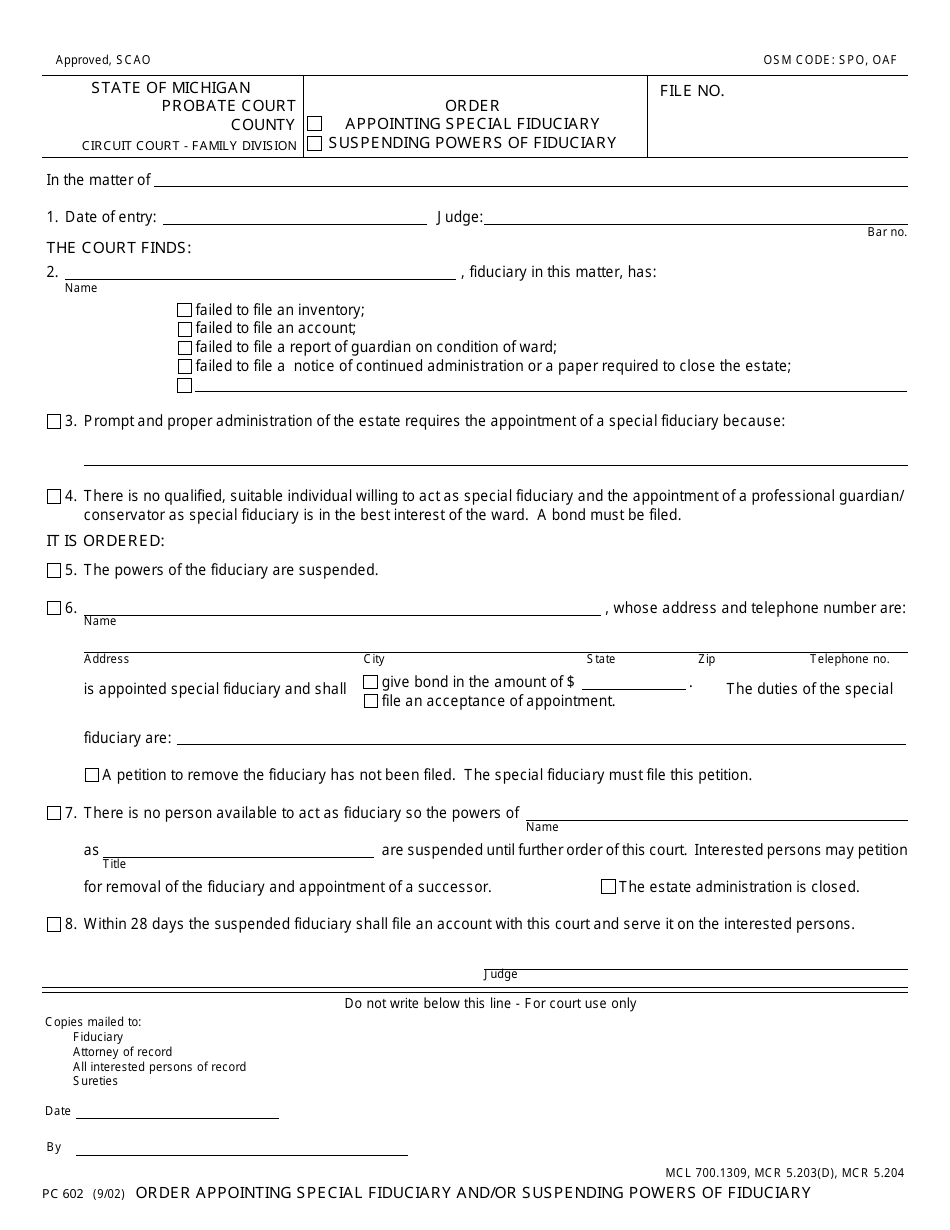 Form PC602 Order Appointing Special Fiduciary and / or Suspending Powers of Fiduciary - Michigan, Page 1