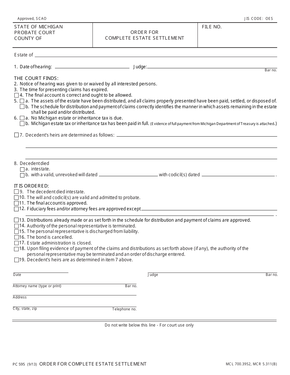 Form PC595 Order for Complete Estate Settlement - Michigan, Page 1