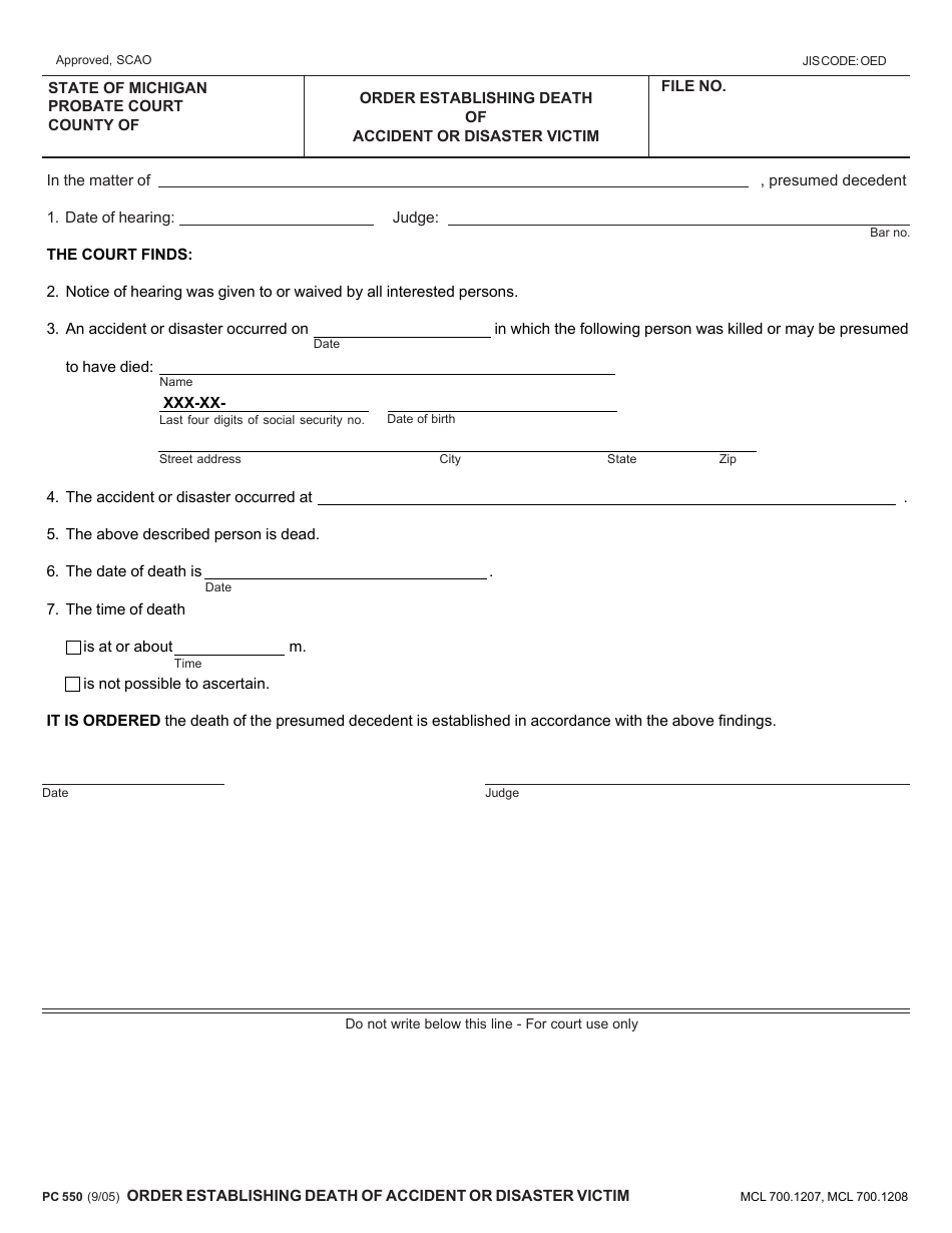 Form PC550 Order Establishing Death of Accident or Disaster Victim - Michigan, Page 1