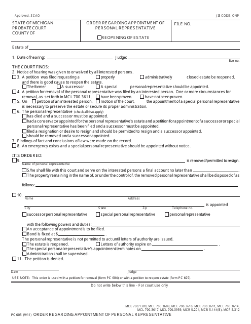 Form PC605 Order Regarding Appointment of Personal Representative - Michigan