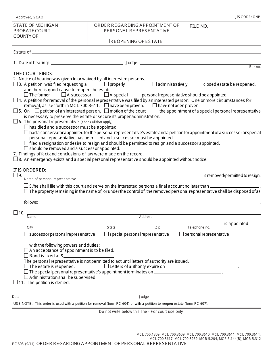 Form PC605 Order Regarding Appointment of Personal Representative - Michigan, Page 1
