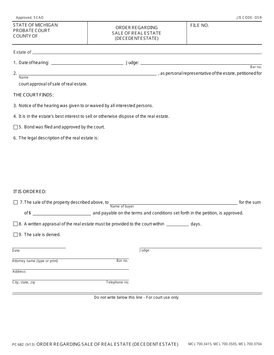 Form PC682 Order Regarding Sale of Real Estate (Decedent Estate) - Michigan, Page 1