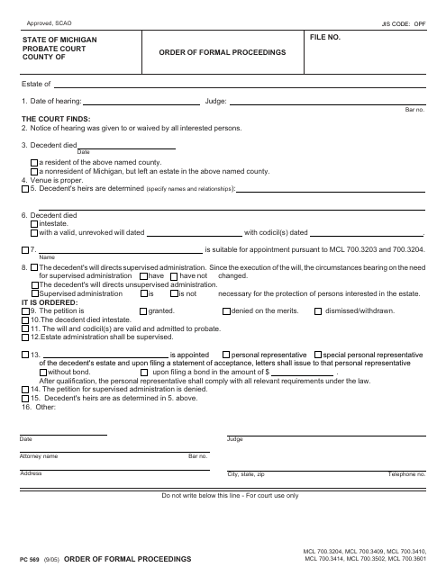 Form PC569 Order of Formal Proceedings - Michigan