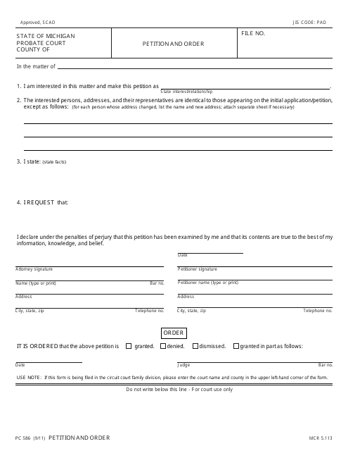 Form PC586 Petition and Order - Michigan