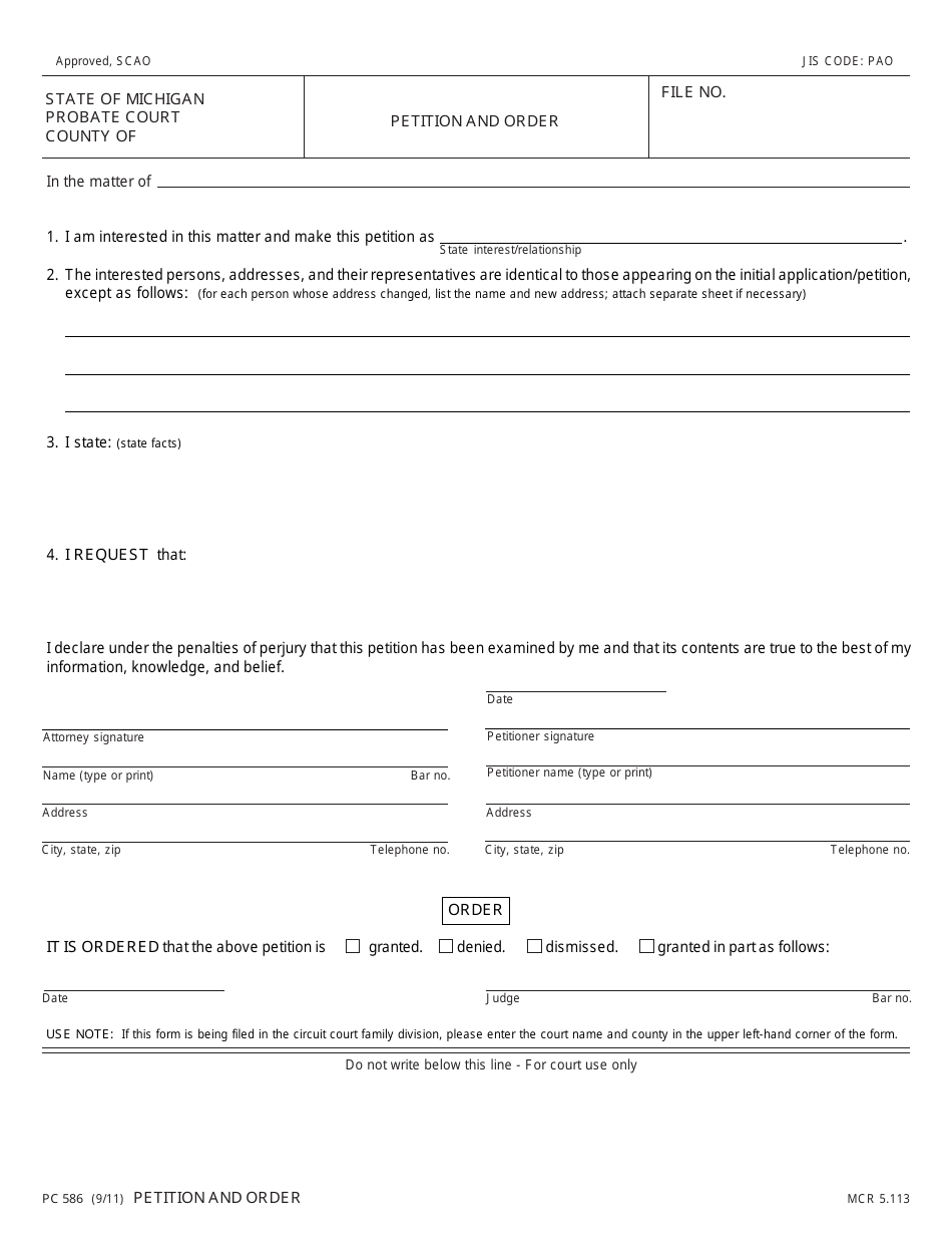 Form PC586 Petition and Order - Michigan, Page 1