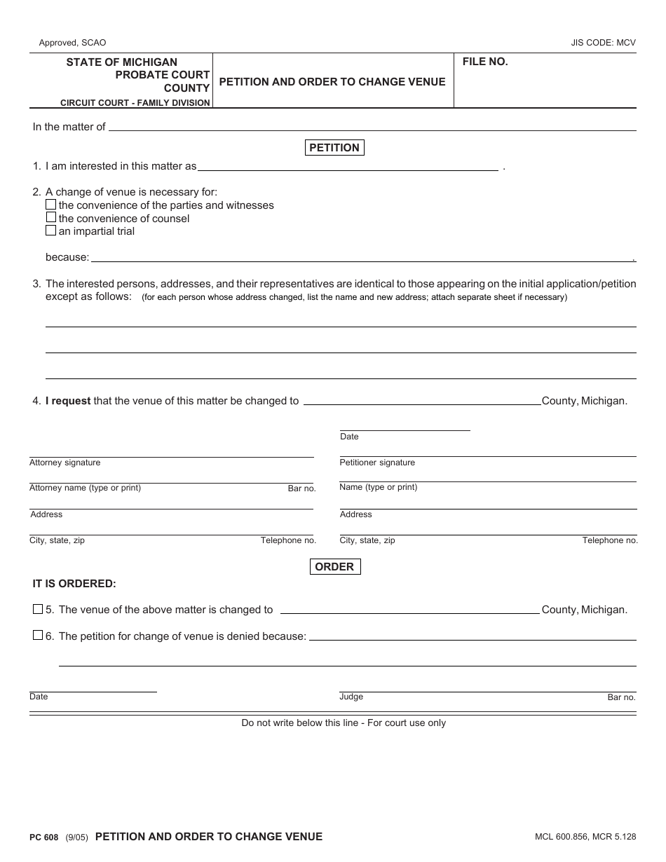 Form PC608 Petition and Order to Change Venue - Michigan, Page 1