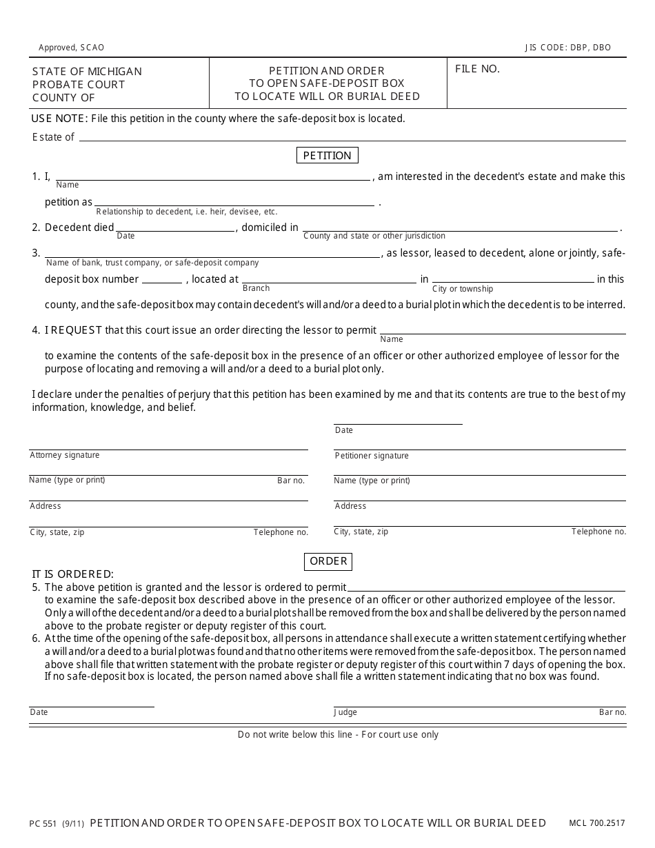 Form PC551 Petition and Order to Open Safe-Deposit Box to Locate Will or Burial Deed - Michigan, Page 1