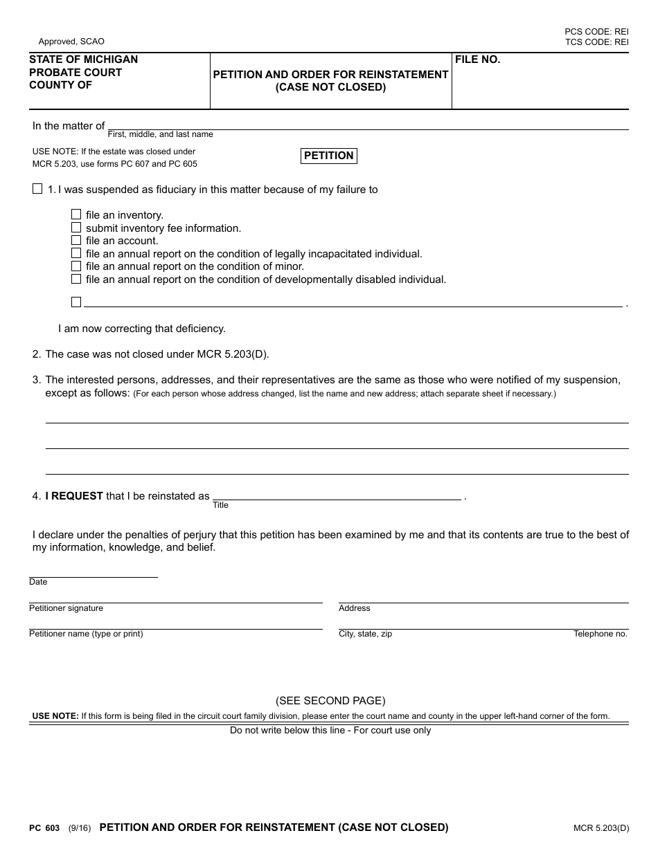 Form PC603 Petition and Order for Reinstatement (Case Not Closed) - Michigan, Page 1