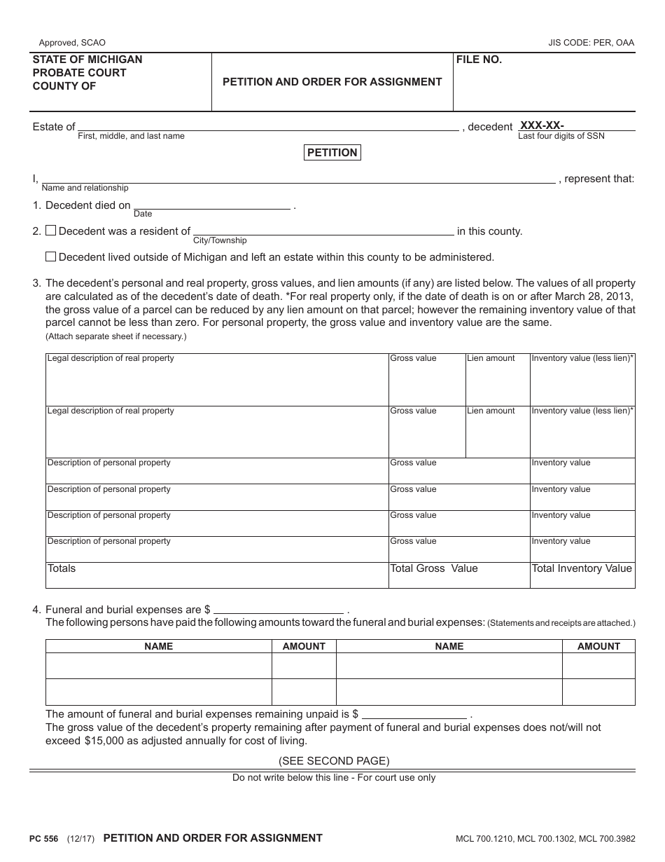 Form PC556 Petition and Order for Assignment - Michigan, Page 1