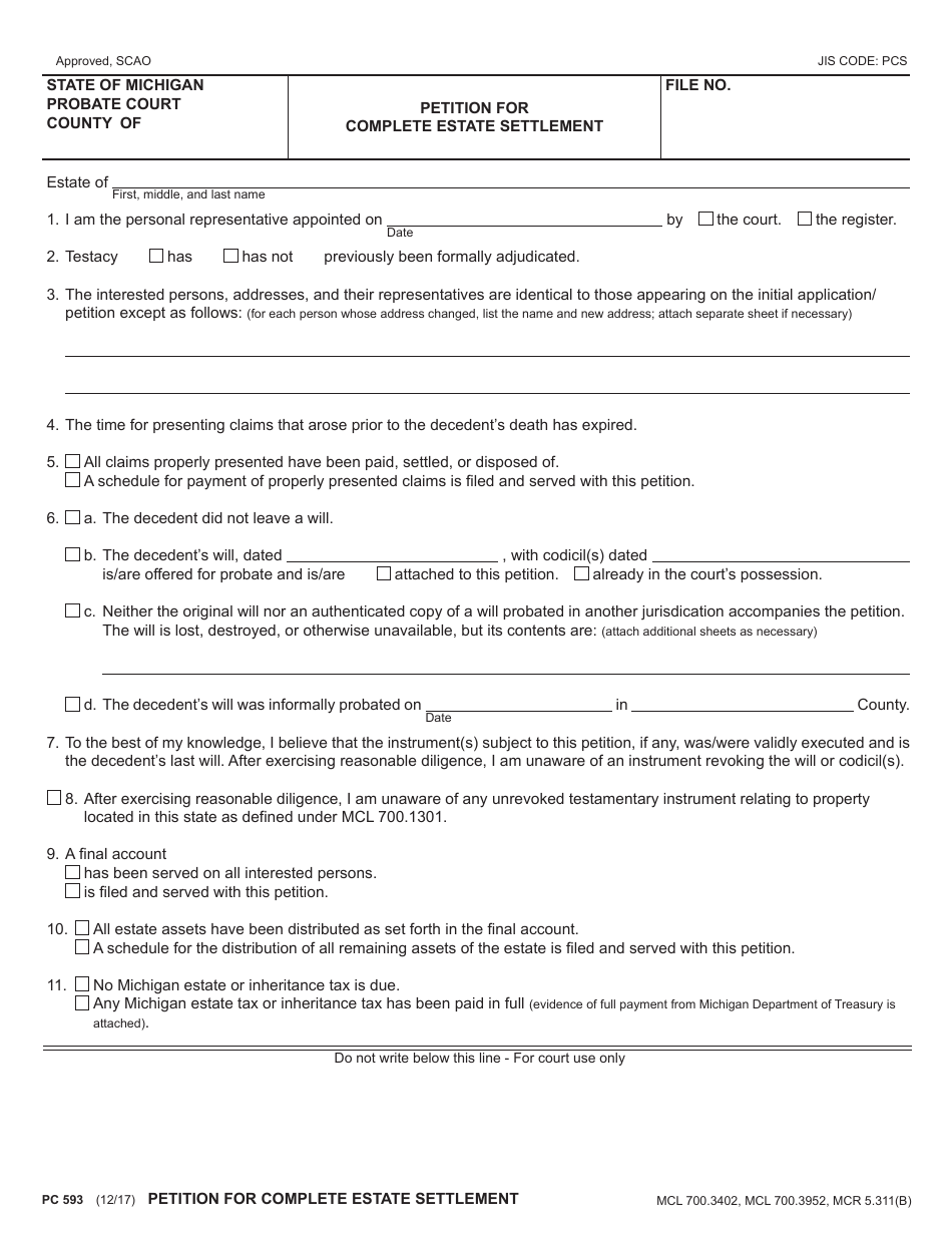 Form PC593 Petition for Complete Estate Settlement - Michigan, Page 1