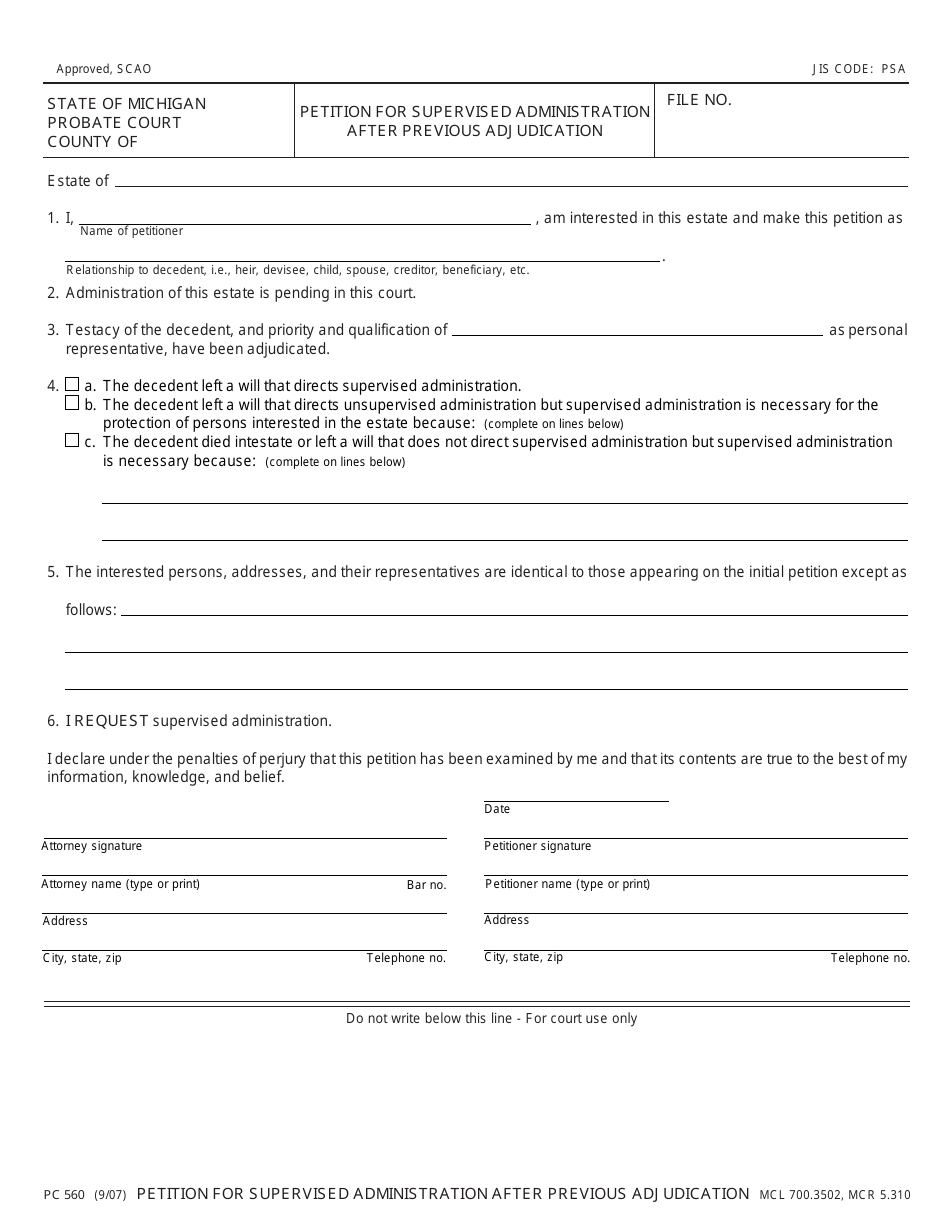 Form PC560 Petition for Supervised Administration After Previous Adjudication - Michigan, Page 1