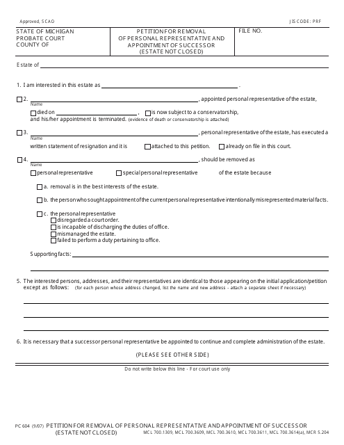 Form PC604 Petition for Removal of Personal Representative and Appointment of Successor (Estate Not Closed) - Michigan