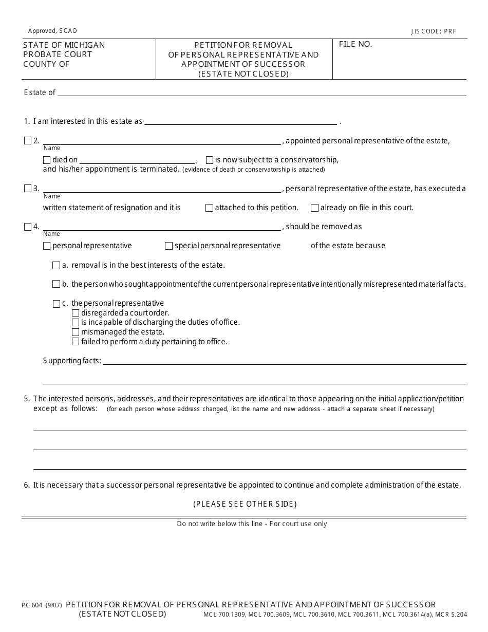 Form PC604 Petition for Removal of Personal Representative and Appointment of Successor (Estate Not Closed) - Michigan, Page 1