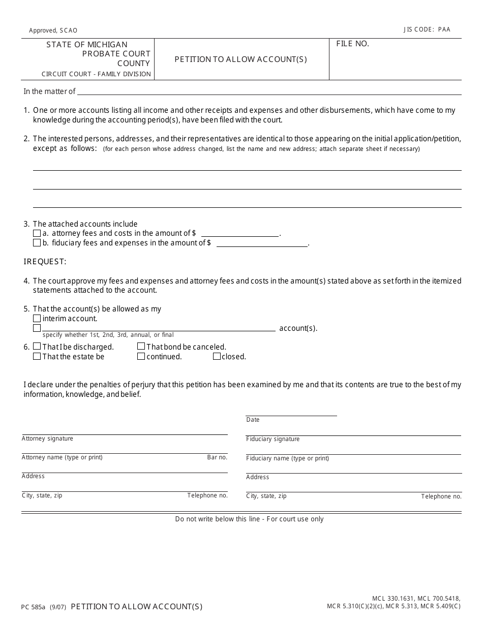 Form PC585A - Fill Out, Sign Online and Download Fillable PDF, Michigan ...