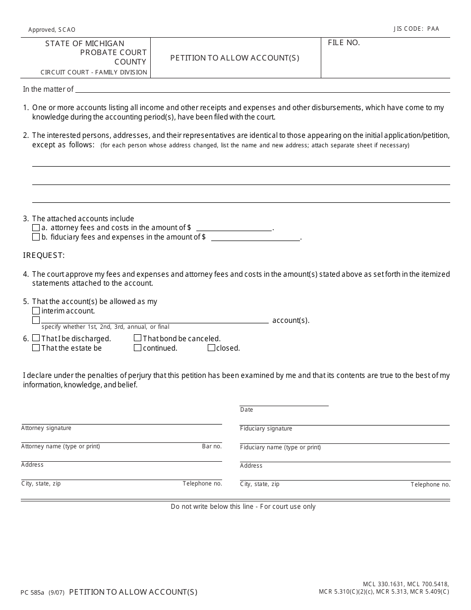 Form PC585A Petition to Allow Account(S) - Michigan, Page 1