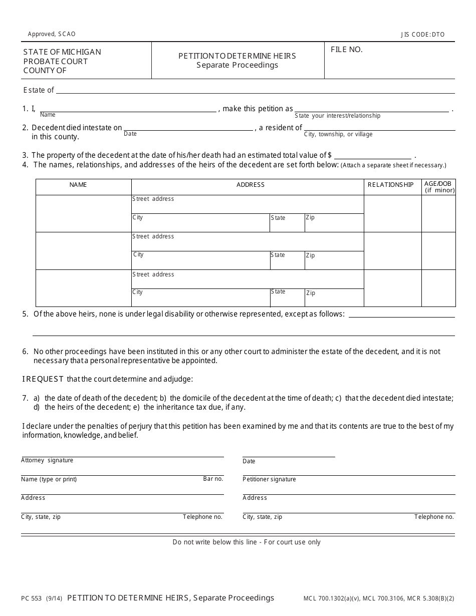 Form PC553 Petition to Determine Heirs - Separate Proceedings - Michigan, Page 1