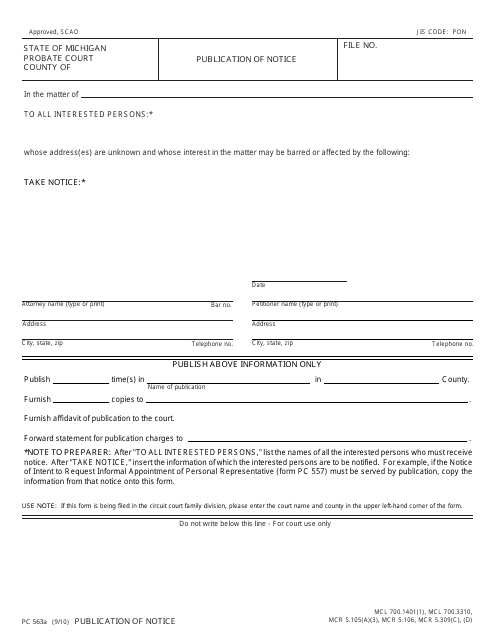 Form PC563A Publication of Notice - Michigan