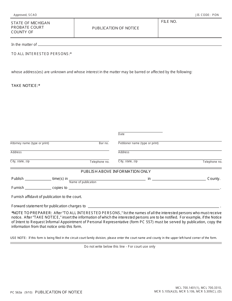 Form PC563A Publication of Notice - Michigan, Page 1