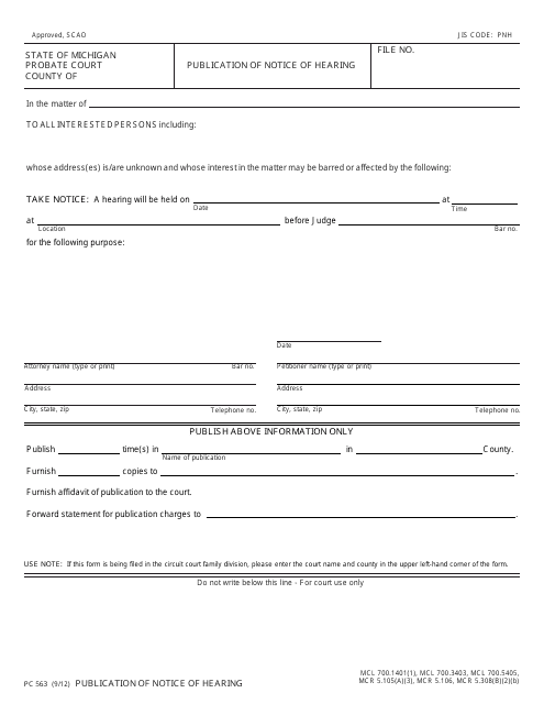 Form PC563 Publication of Notice of Hearing - Michigan