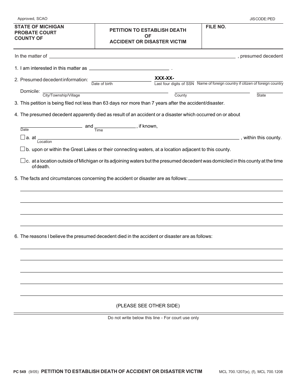 Form PC549 Petition to Establish Death of Accident or Disaster Victim - Michigan, Page 1