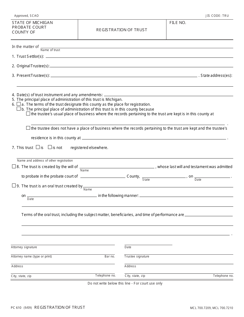 Form PC610 Registration of Trust - Michigan, Page 1
