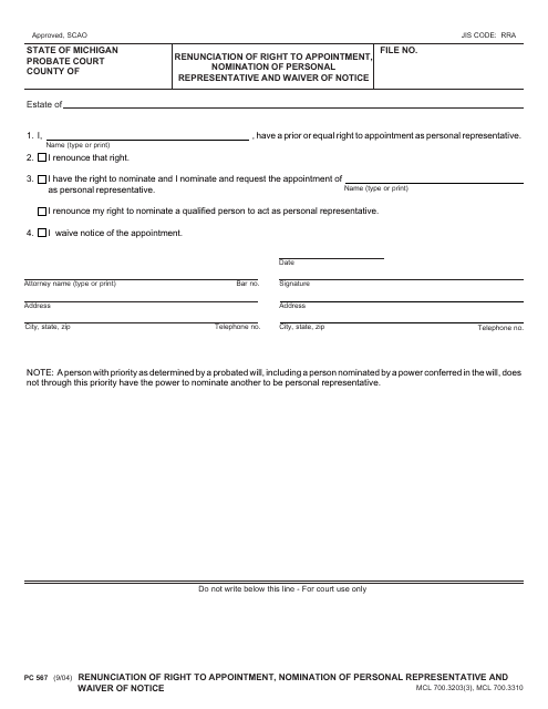 Form PC567 Renunciation of Right to Appointment, Nomination of Personal Representative and Waiver of Notice - Michigan