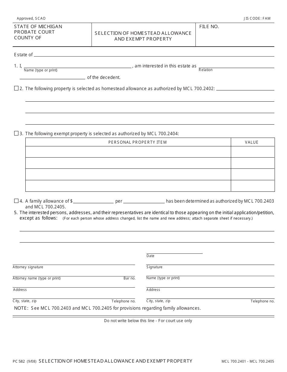 Form PC582 Selection of Homestead Allowance and Exempt Property - Michigan, Page 1