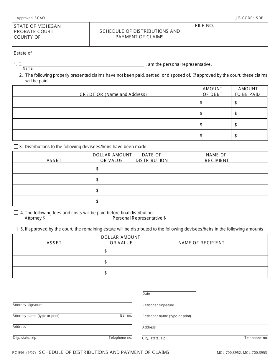 Form PC596 Schedule of Distributions and Payment of Claims - Michigan, Page 1
