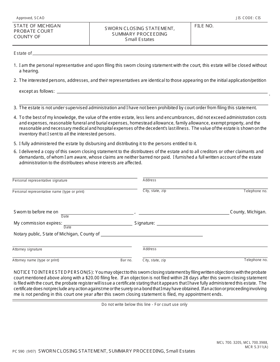 Form Pc590 Download Fillable Pdf Or Fill Online Sworn Closing Statement 7570