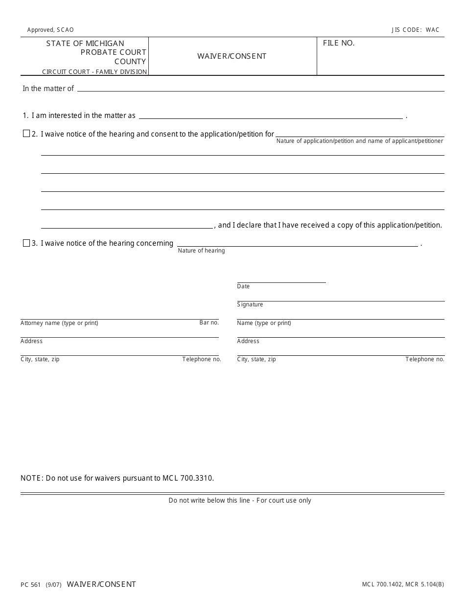 Form PC561 Waiver / Consent - Michigan, Page 1