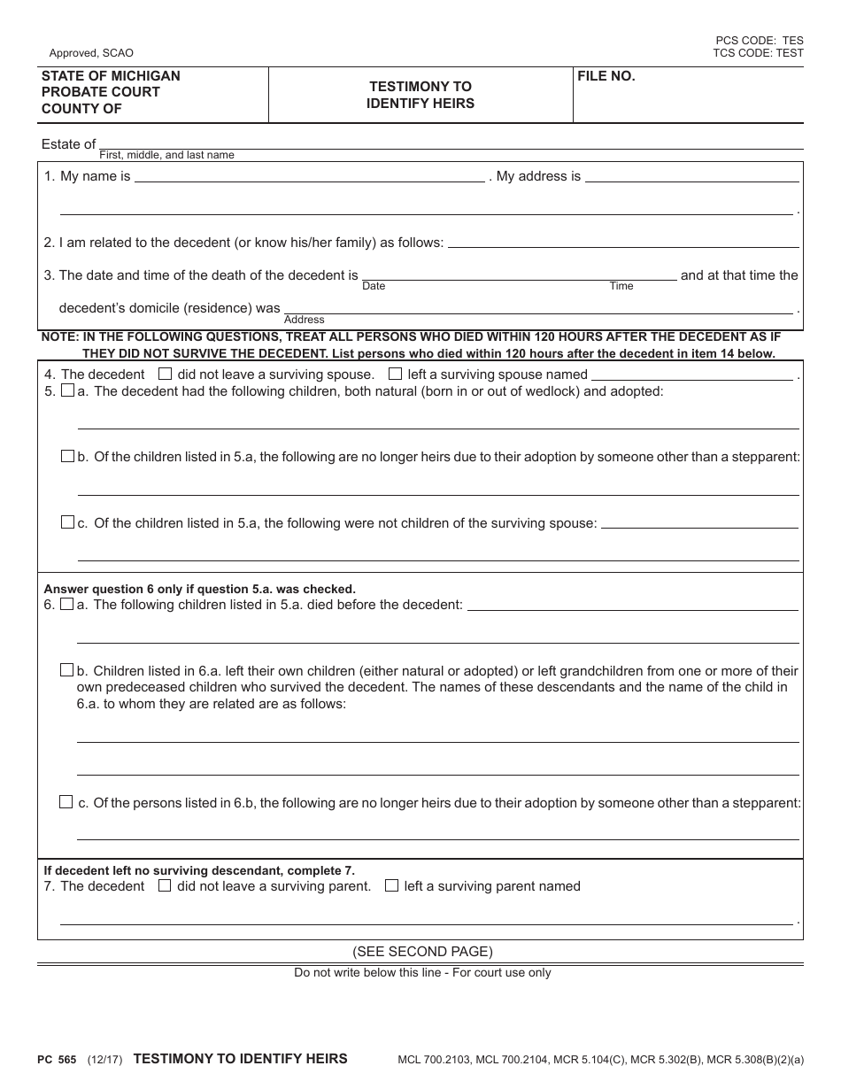 Form PC565 Testimony to Identify Heirs - Michigan, Page 1