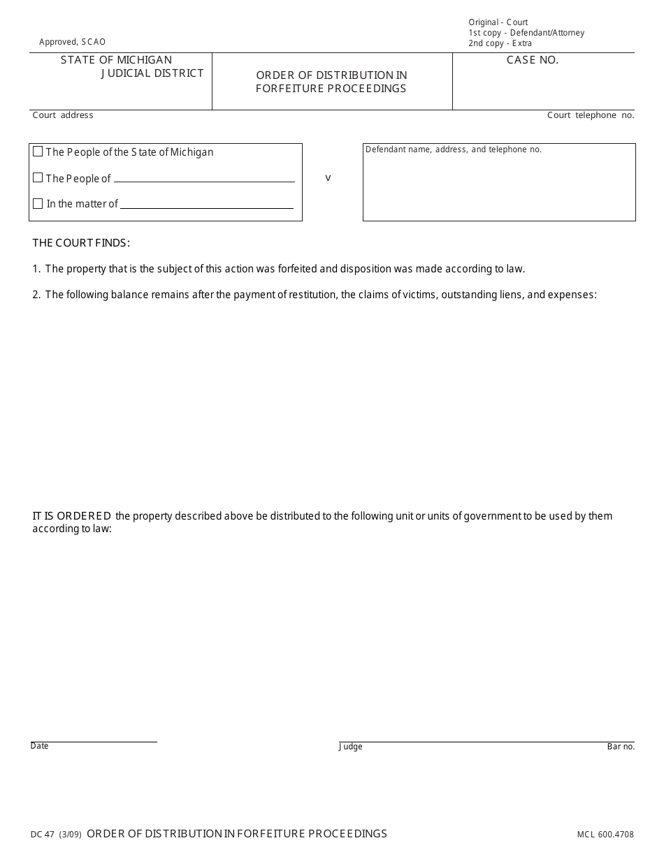 Form DC47 Order of Distribution in Forfeiture Proceedings - Michigan, Page 1