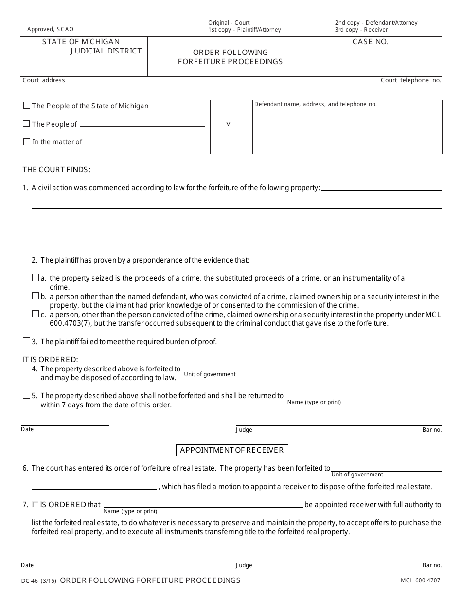 Form DC46 Order Following Forfeiture Proceedings - Michigan, Page 1