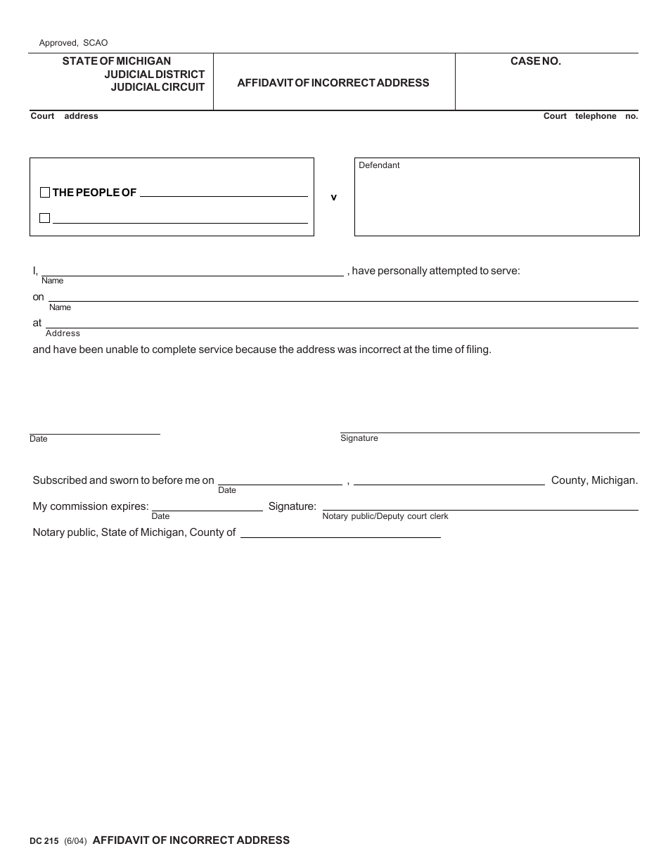 Form DC215 Affidavit of Incorrect Address - Michigan, Page 1