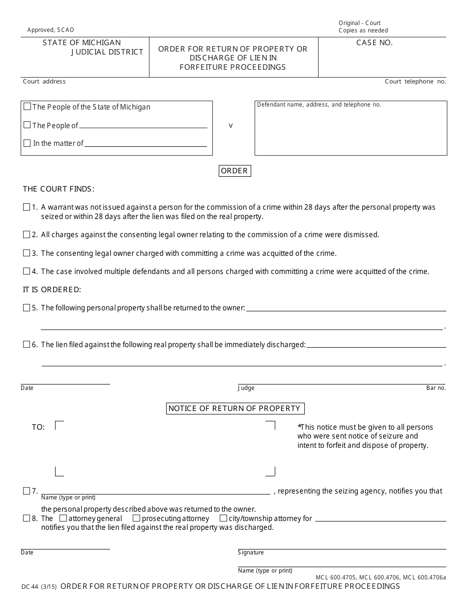 Form DC44 Order for Return of Property or Discharge of Lien in Forfeiture Proceedings - Michigan, Page 1