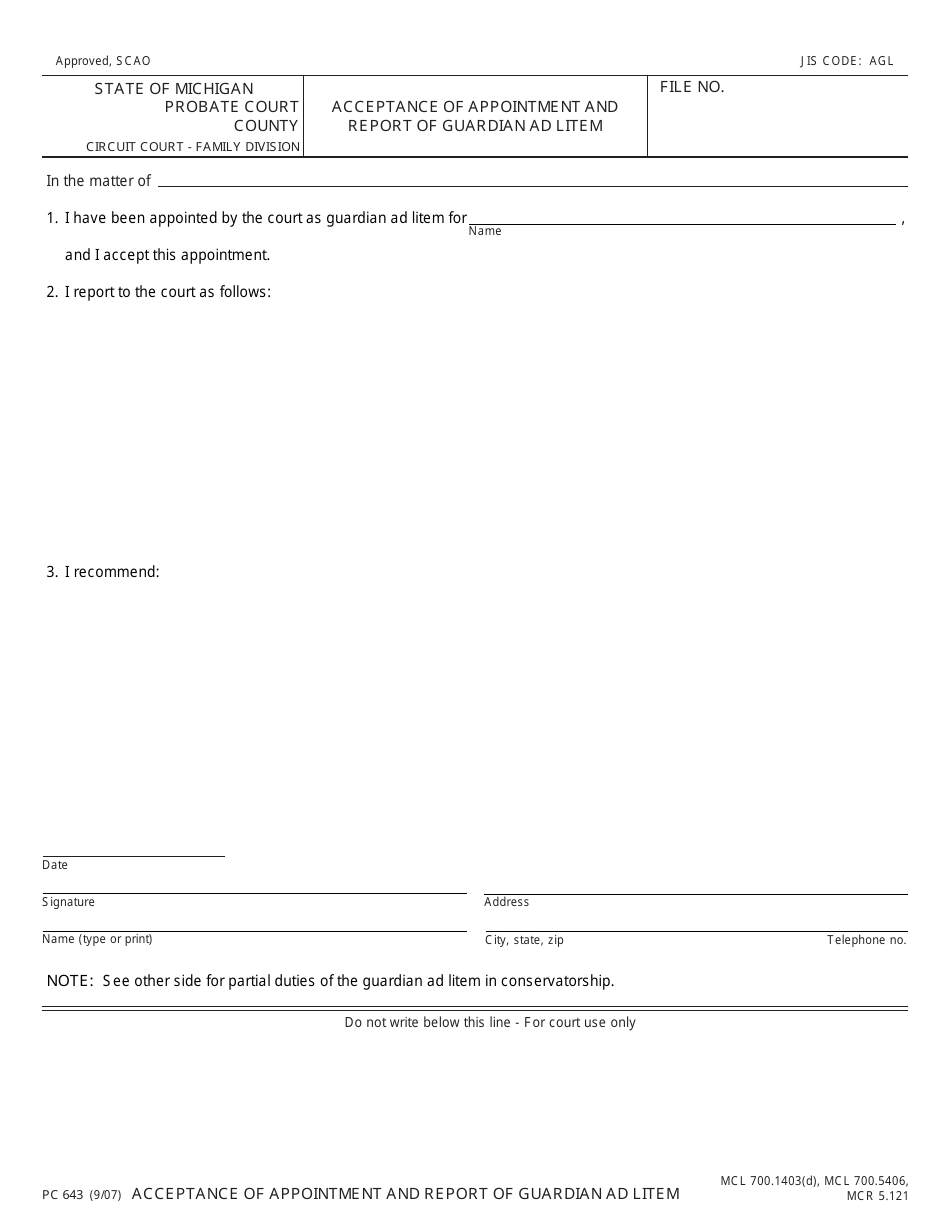 Form PC643 Acceptance of Appointment and Report of Guardian Ad Litem - Michigan, Page 1