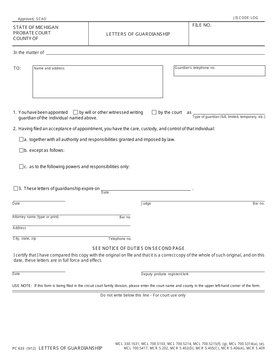 Form PC633 Letters of Guardianship - Michigan, Page 1