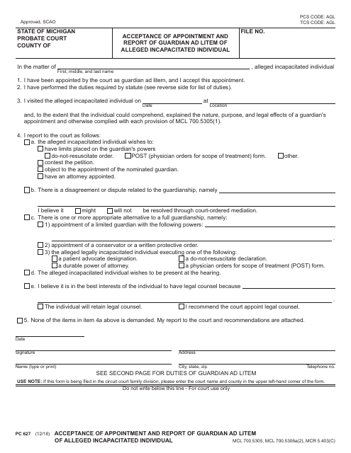 Form PC627 Acceptance of Appointment and Report of Guardian Ad Litem of Alleged Incapacitated Individual - Michigan