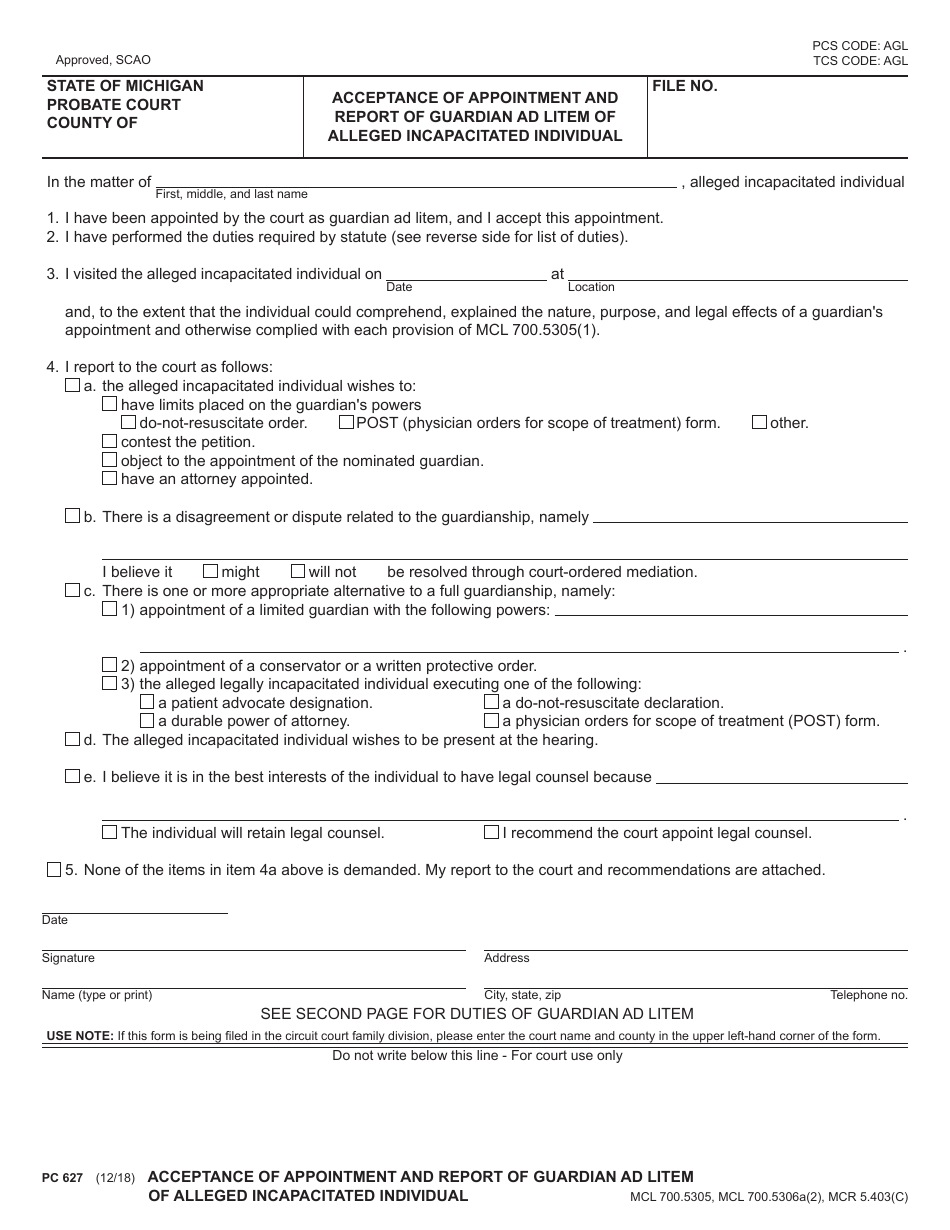 Form PC627 Acceptance of Appointment and Report of Guardian Ad Litem of Alleged Incapacitated Individual - Michigan, Page 1