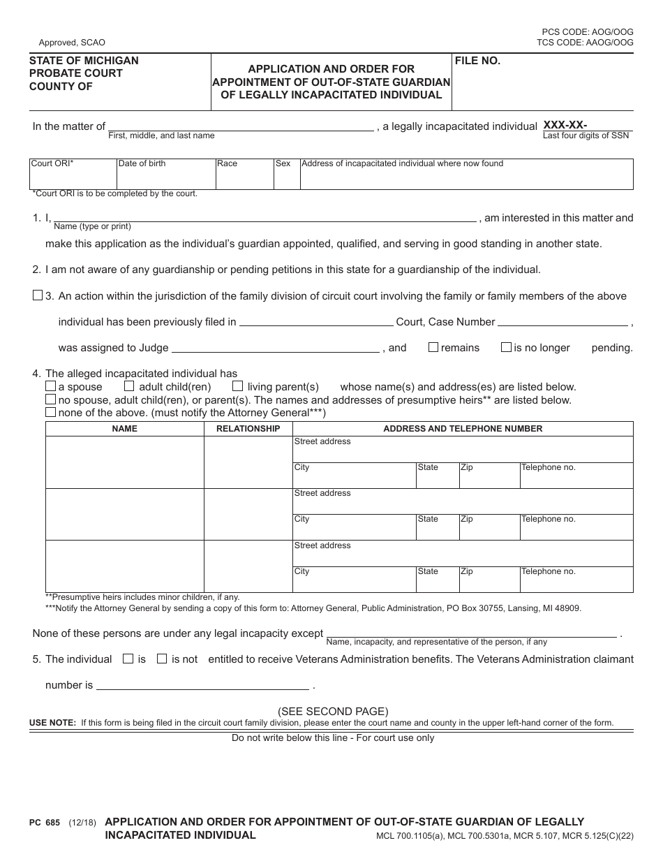Form PC685 Application and Order for Appointment of Out-of-State Guardian of Legally Incapacitated Individual - Michigan, Page 1