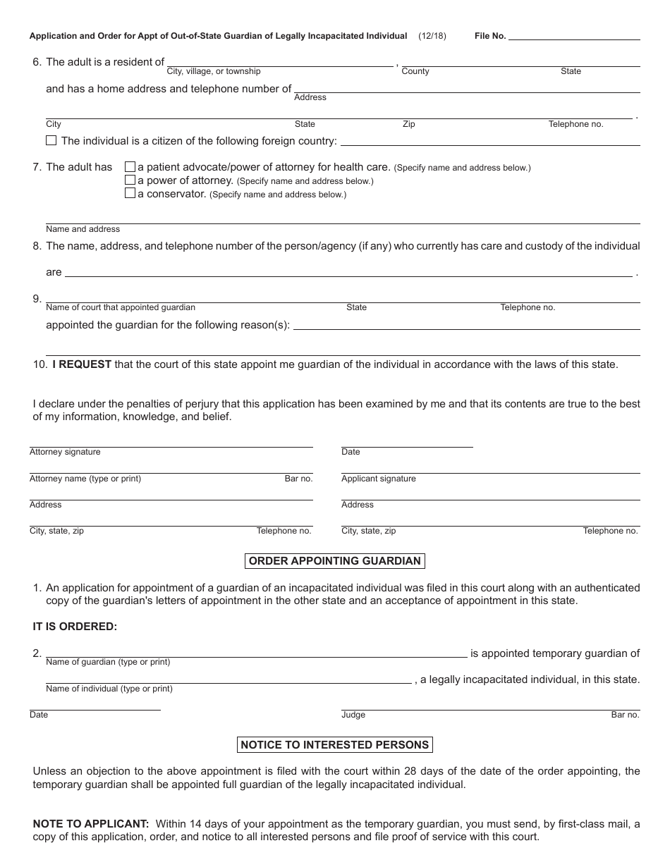 Form PC685 Application and Order for Appointment of Out-of-State Guardian of Legally Incapacitated Individual - Michigan, Page 2