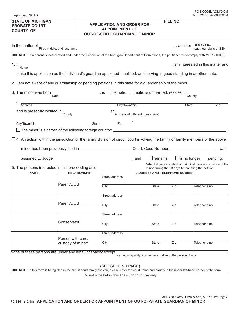 Form PC684 Application and Order for Appointment of Out-of-State Guardian of Minor - Michigan, Page 1