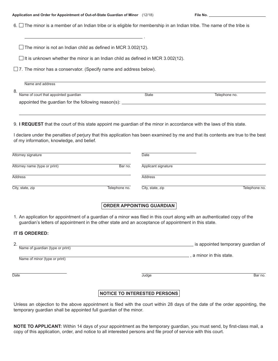 Form PC684 Application and Order for Appointment of Out-of-State Guardian of Minor - Michigan, Page 2