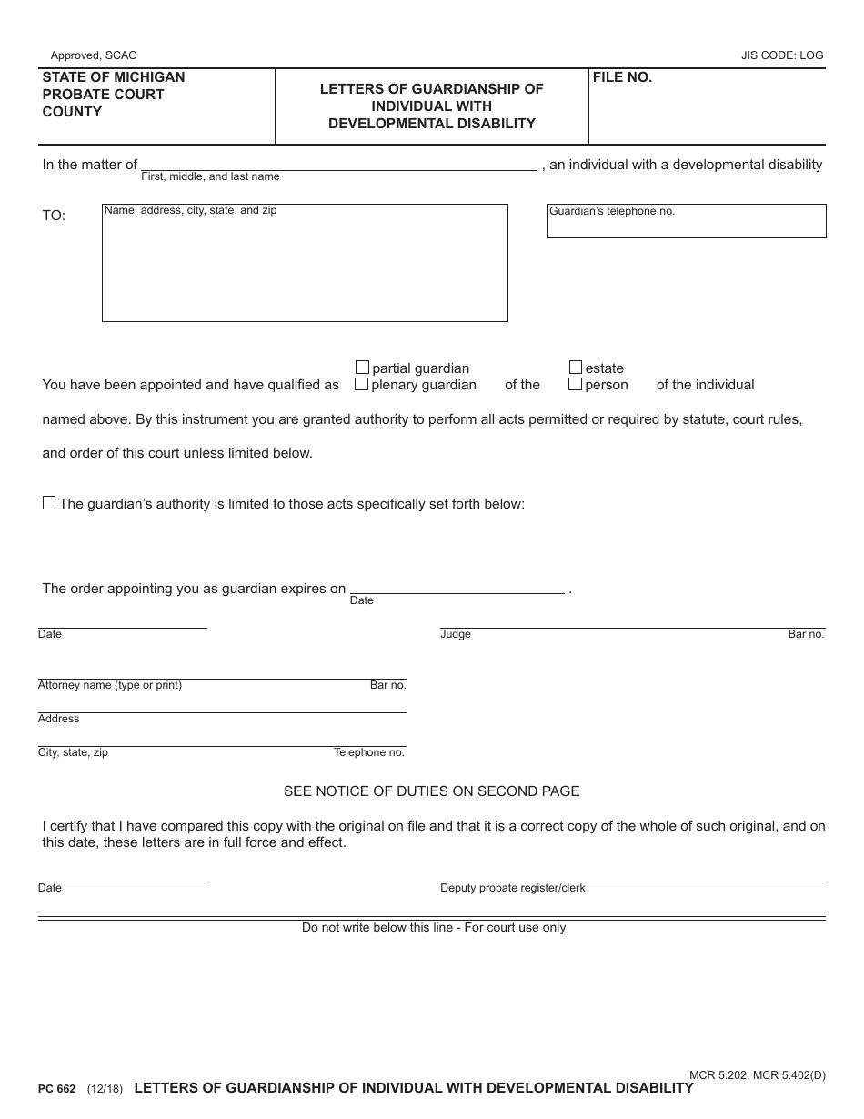 Form PC662 Letters of Guardianship of Individual With Developmental Disability - Michigan, Page 1